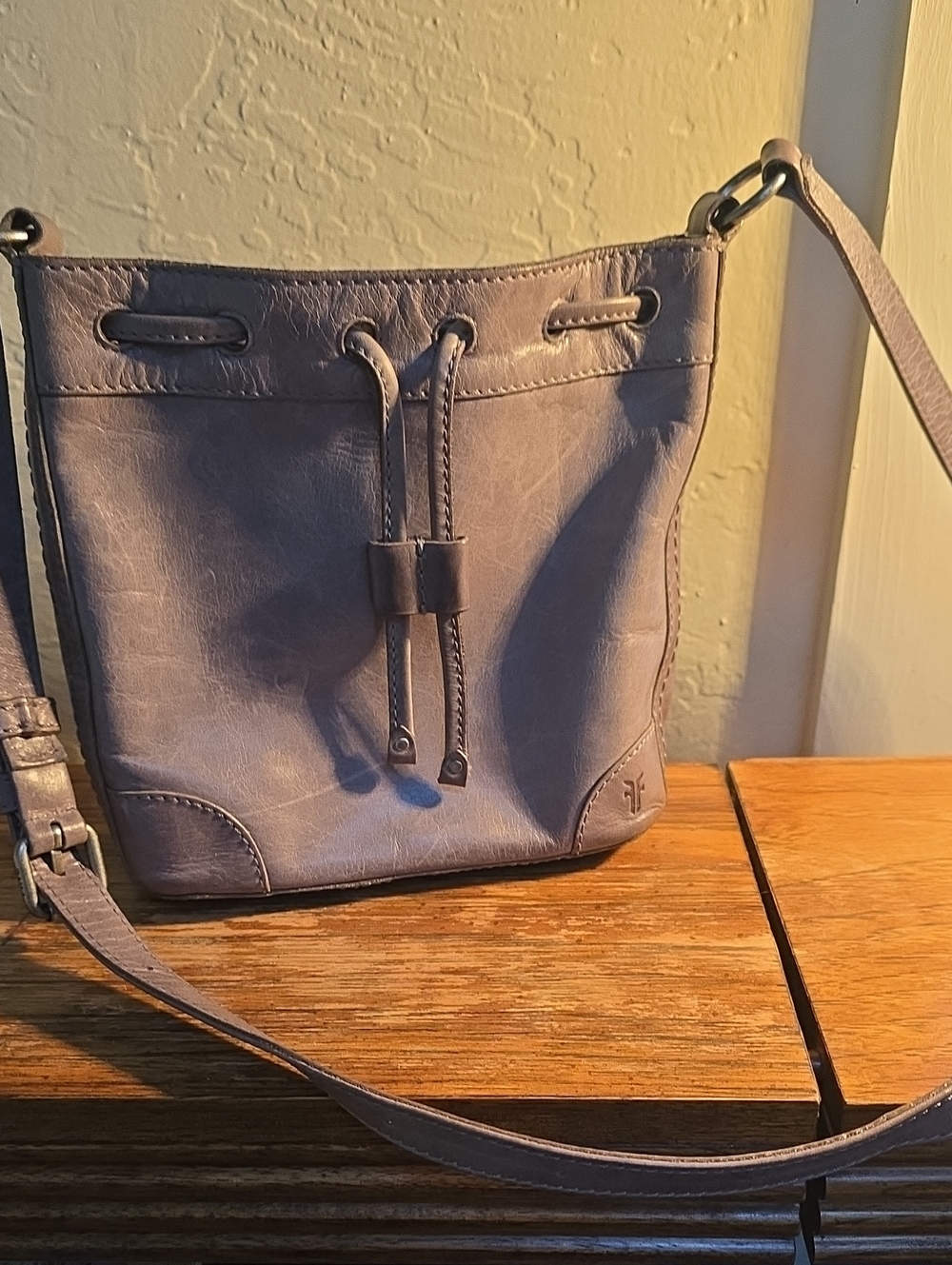 FRYE Leather Drawstring Crossbody Bag  Gray 8 Inches W X 8 Inch H 2 inches D
